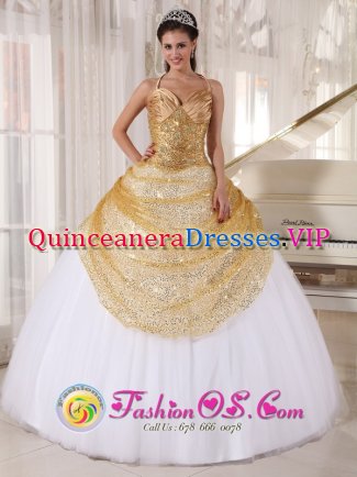 Appliques V-neck Champagne and White Needham Massachusetts/MA Quinceanera Dress Informal Spaghetti Straps Halter top Tulle and Sequin Ball Gown