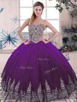 Sumptuous Sleeveless Floor Length Beading and Embroidery Lace Up 15th Birthday Dress with Purple