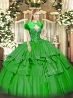 Exceptional Beading and Ruffled Layers Sweet 16 Dresses Green Lace Up Sleeveless Floor Length