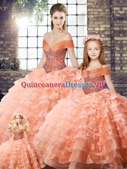 Peach Sleeveless Brush Train Beading and Ruffled Layers Quinceanera Gown - Click Image to Close