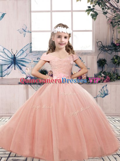 Peach Sleeveless Lace and Belt Floor Length Little Girls Pageant Dress - Click Image to Close