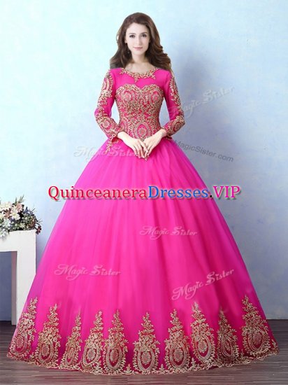Luxurious Fuchsia Lace Up Scoop Appliques 15th Birthday Dress Tulle Long Sleeves - Click Image to Close