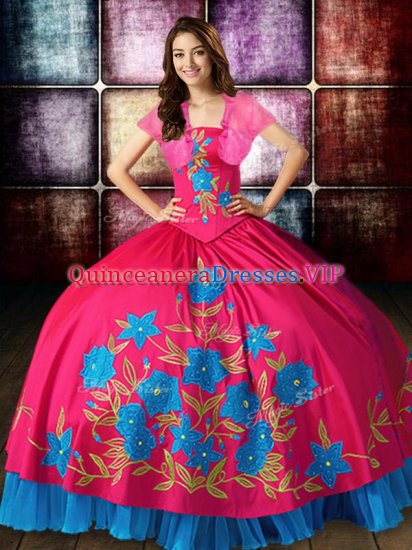 Strapless Sleeveless 15th Birthday Dress Floor Length Embroidery Hot Pink Taffeta - Click Image to Close
