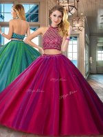 Halter Top Sleeveless Tulle Brush Train Backless Sweet 16 Dresses in Fuchsia with Beading(SKU SXQD023BIZ)