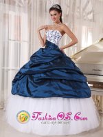 Choteau Montana/MT White and Navy Blue Taffeta and Organza Embroidery Decorate Bust Ball Gown Floor-length Quinceanera Dress For