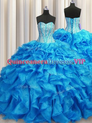 Sumptuous Visible Boning Baby Blue Sweetheart Neckline Beading and Ruffles 15th Birthday Dress Sleeveless Lace Up