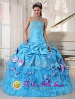 Rosendale NY Appliques Decorate Bust Strapless Romantic Aqua Quinceanera Dress With Pick-ups and Bowknot Ball Gown