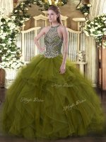 Halter Top Sleeveless Vestidos de Quinceanera Floor Length Beading Olive Green Organza(SKU SJQDDT1085002-3BIZ)
