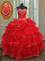 Cute Red Ball Gowns Sweetheart Sleeveless Organza Floor Length Lace Up Beading and Ruffled Layers and Sequins and Pick Ups Sweet 16 Dress(SKU PSSW0145BIZ)