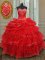 Cute Red Ball Gowns Sweetheart Sleeveless Organza Floor Length Lace Up Beading and Ruffled Layers and Sequins and Pick Ups Sweet 16 Dress