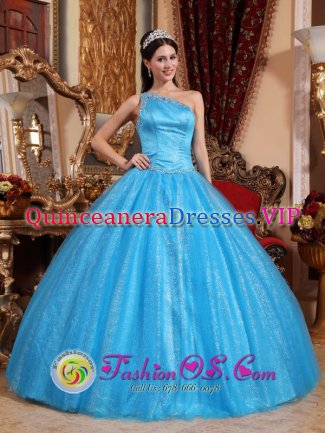 Santa Tecla Salvador Asymmetrical One Shoulder Beaded Decorate New Style Teal Quinceanera Dress For Tulle and Taffeta Ball Gown