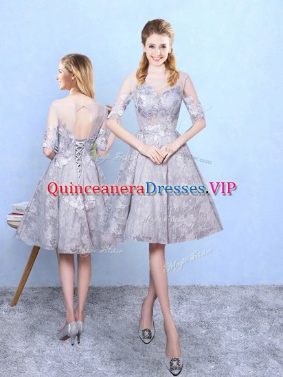Amazing Grey Half Sleeves Printed Lace Up Dama Dress for Prom and Party - Click Image to Close