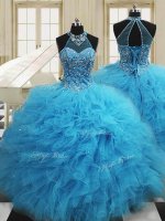 Scoop Sleeveless Lace Up Quinceanera Gowns Baby Blue Tulle