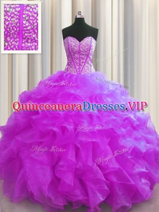 Adorable Visible Boning Sweetheart Sleeveless Ball Gown Prom Dress Floor Length Beading and Ruffles Fuchsia Organza