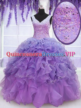 Comfortable Organza V-neck Sleeveless Lace Up Beading and Embroidery and Ruffles Sweet 16 Quinceanera Dress in Lavender