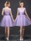 Beauteous Lavender Sleeveless Mini Length Lace and Appliques and Belt Lace Up Damas Dress