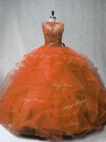 Latest Sleeveless Tulle Brush Train Lace Up 15th Birthday Dress in Rust Red with Beading and Ruffles