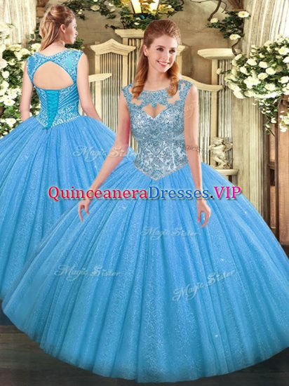 Free and Easy Baby Blue Tulle Lace Up Scoop Sleeveless Floor Length Quinceanera Dress Beading - Click Image to Close