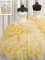 Custom Design Visible Boning Sleeveless Floor Length Beading and Ruffles Lace Up Quince Ball Gowns with Gold