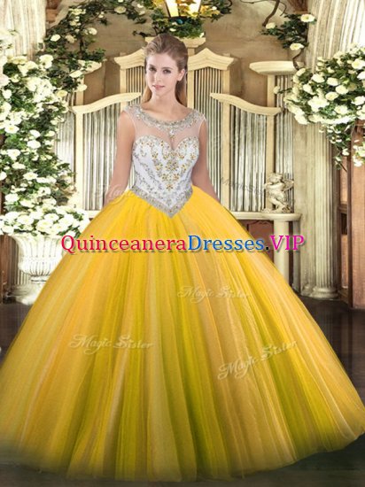 Tulle Scoop Sleeveless Zipper Beading Quince Ball Gowns in Gold - Click Image to Close