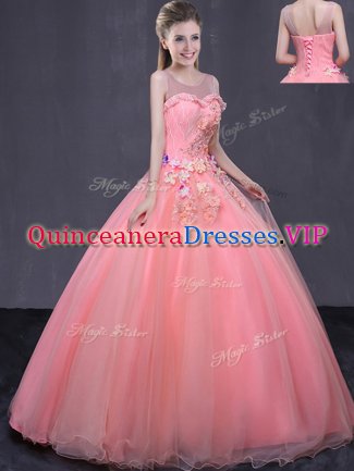 Custom Designed Scoop Sleeveless Floor Length Beading and Appliques Lace Up Vestidos de Quinceanera with Watermelon Red