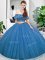 Two Pieces 15th Birthday Dress Blue Off The Shoulder Organza Sleeveless Floor Length Lace Up