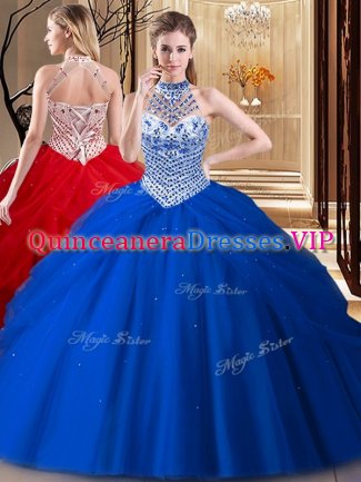 Hot Sale Halter Top With Train Lace Up Sweet 16 Dress Royal Blue for Military Ball and Sweet 16 and Quinceanera with Beading and Pick Ups Brush Train