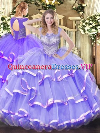High Class Lavender Ball Gowns Beading and Ruffled Layers Sweet 16 Dress Lace Up Organza Sleeveless Floor Length
