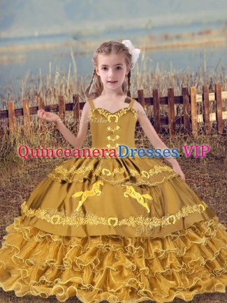 Dazzling Gold Straps Neckline Beading and Embroidery and Ruffled Layers Pageant Dress for Womens Sleeveless Lace Up