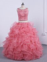 Watermelon Red Scoop Neckline Beading and Ruffles Quinceanera Dress Sleeveless Zipper