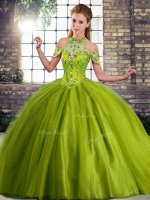 Chic Olive Green Tulle Lace Up 15th Birthday Dress Sleeveless Brush Train Beading