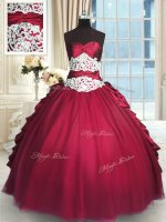 Delicate Beading and Lace and Ruching and Pick Ups Quince Ball Gowns Red Zipper Long Sleeves Floor Length