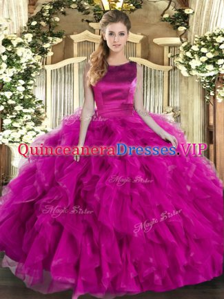 Smart Sleeveless Tulle Floor Length Lace Up Sweet 16 Dress in Fuchsia with Ruffles