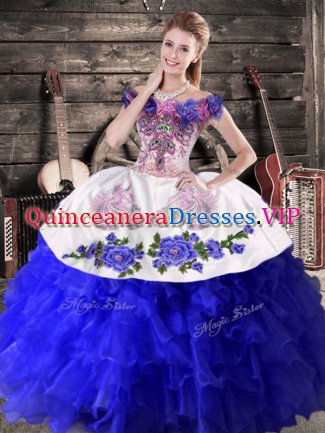Shining Royal Blue Off The Shoulder Lace Up Embroidery and Ruffles Sweet 16 Dress Sleeveless