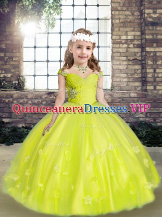 Beauteous Tulle Sleeveless Floor Length Little Girls Pageant Dress and Beading and Hand Made Flower