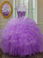Shining Scoop Beading and Ruffles Quinceanera Gown Lilac Lace Up Sleeveless Floor Length