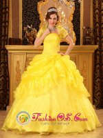 Newry Maine/ME Strapless and Appliques For Yellow Quinceanera Dress With Floor-length Pick-ups Ball Gown