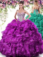 Fantastic Purple Lace Up Sweet 16 Quinceanera Dress Beading and Ruffles Sleeveless Floor Length