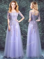 High Class Square Half Sleeves Floor Length Appliques Lace Up Damas Dress with Lavender