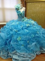 Blue Sweet 16 Dresses Military Ball and Sweet 16 and Quinceanera with Pick Ups and Hand Made Flower One Shoulder Sleeveless Lace Up
