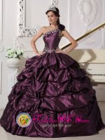 Ontario California/CA Asymmetrical One Shoulder Neckline Fashionable Dark Purple Quinceanera Dress With Appliques and Pick-ups Decorate