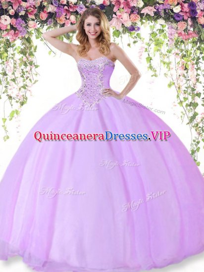 Free and Easy Lilac Ball Gowns Sweetheart Sleeveless Tulle Floor Length Lace Up Beading Quinceanera Gown - Click Image to Close