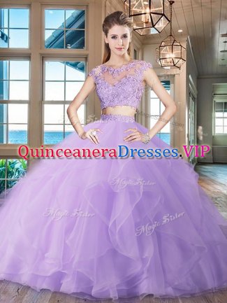 Scoop Cap Sleeves With Train Zipper Quince Ball Gowns Lavender for Military Ball and Sweet 16 and Quinceanera with Beading and Appliques and Ruffles Brush Train