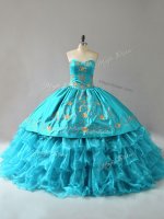 On Sale Floor Length Aqua Blue Quinceanera Gowns Organza Sleeveless Embroidery and Ruffles