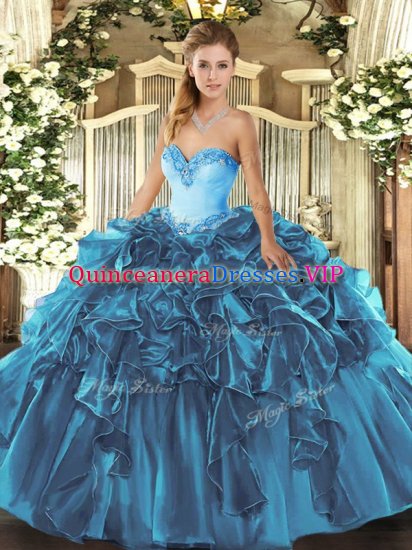Teal Organza Lace Up Sweetheart Sleeveless Floor Length 15th Birthday Dress Beading and Ruffles - Click Image to Close