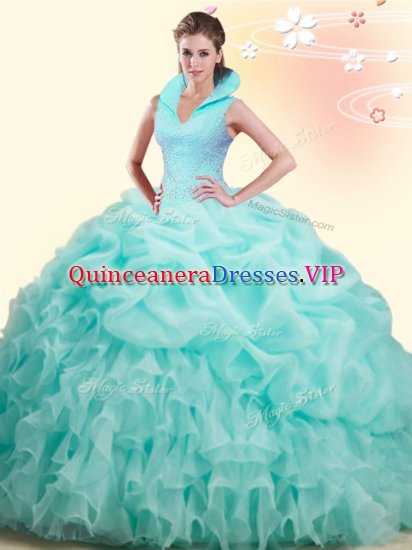 Apple Green High-neck Neckline Beading and Ruffles and Pick Ups Quince Ball Gowns Sleeveless Backless - Click Image to Close