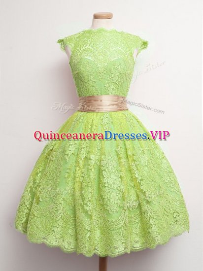 Artistic Yellow Green Lace Lace Up High-neck Cap Sleeves Knee Length Dama Dress for Quinceanera Belt - Click Image to Close