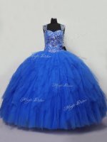 Hot Selling Blue Ball Gowns Tulle Straps Sleeveless Beading and Ruffles Floor Length Lace Up Sweet 16 Dress