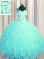 See Through Zipper Up Tulle Square Sleeveless Zipper Beading and Ruffles Military Ball Gown in Aqua Blue