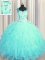 See Through Zipper Up Tulle Square Sleeveless Zipper Beading and Ruffles Military Ball Gown in Aqua Blue